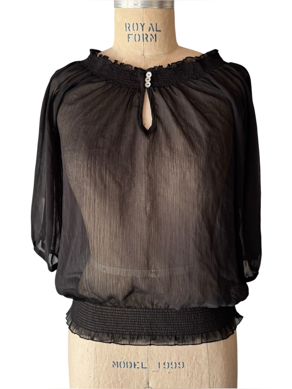 Vintage Y2K Black Sheer Chiffon Smocked Peasant Blouse